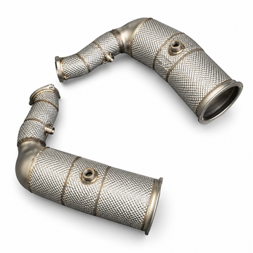 Catless test pipe style downpipe for Audi 4.0T SQ7, SQ8 and RSQ8, illustrating catalytic converter test pipes