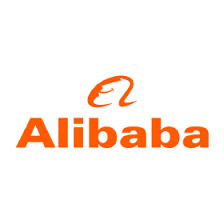 Alibaba logo with orange lettering and abstract line graphic on a white background