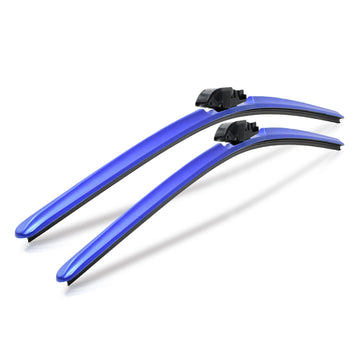 Pair of blue aerodynamic car wiper blades with black connectors on white background