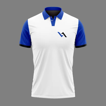 White and blue polo shirt with modern logo on chest, automotive-themed apparel