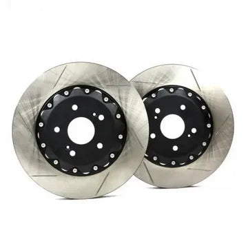 Pair of slotted performance brake rotors for Audi, silver discs with black centers