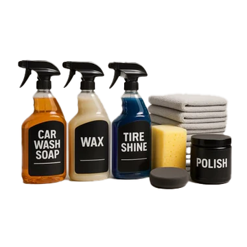 Car care kit with car wash soap, wax, tire shine, polish, sponges and microfiber towels