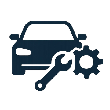 car service icon with car, wrench, and gear symbol representing automotive repair