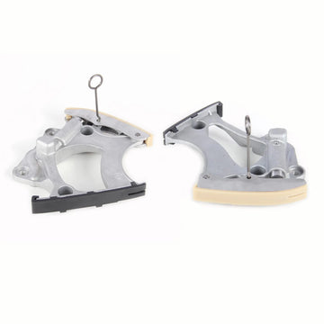 Automotive timing chain tensioner kit with metal guides and plastic components on white background