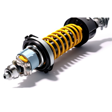 Close-up of automotive shock absorber with yellow coil spring for performance suspension