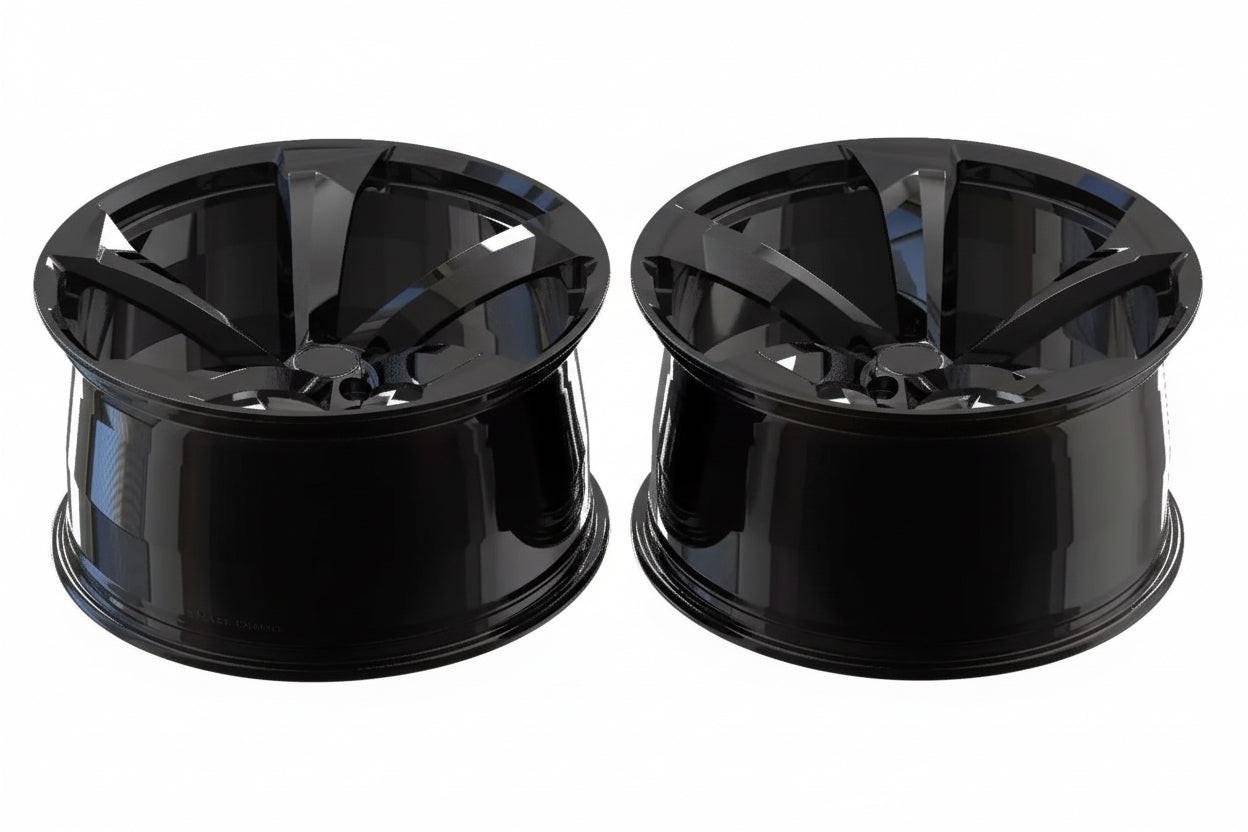 Pair of black glossy alloy wheels with five-spoke design for Audi performance upgrade