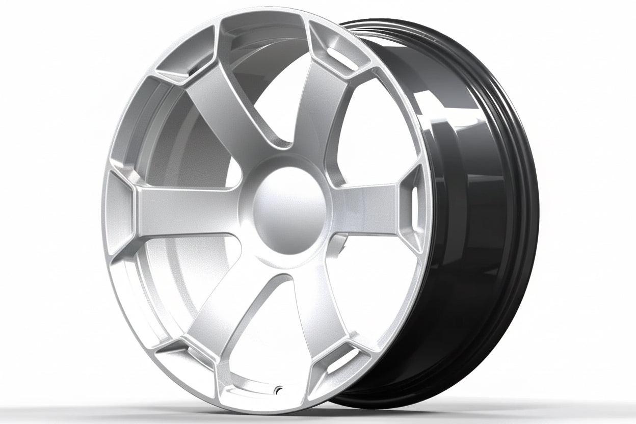Silver alloy performance wheel rim with modern multi-spoke design for Audi vehicles