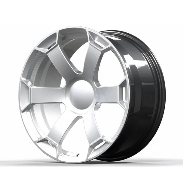 Silver performance alloy wheel with six spokes for Audi vehicles on white background