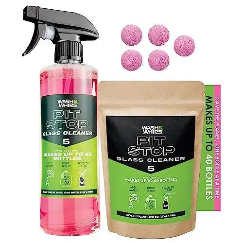 WASH&WHIPS Pit Stop Glass and all-surface cleaner refill tablets, showing packaging and cleaning tablets for 5 gallons of cleaner.