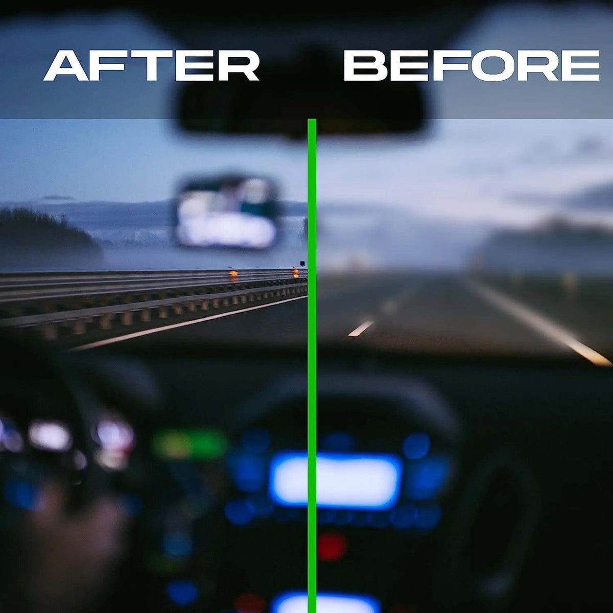 WASH & WHIPS SF45 anti-fog spray for car windshields, bottle with applicator in front of a clean windshield.