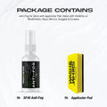 WASH & WHIPS SF45 Anti-Fog solution for car windshields, showing a spray bottle and application process on a windshield.