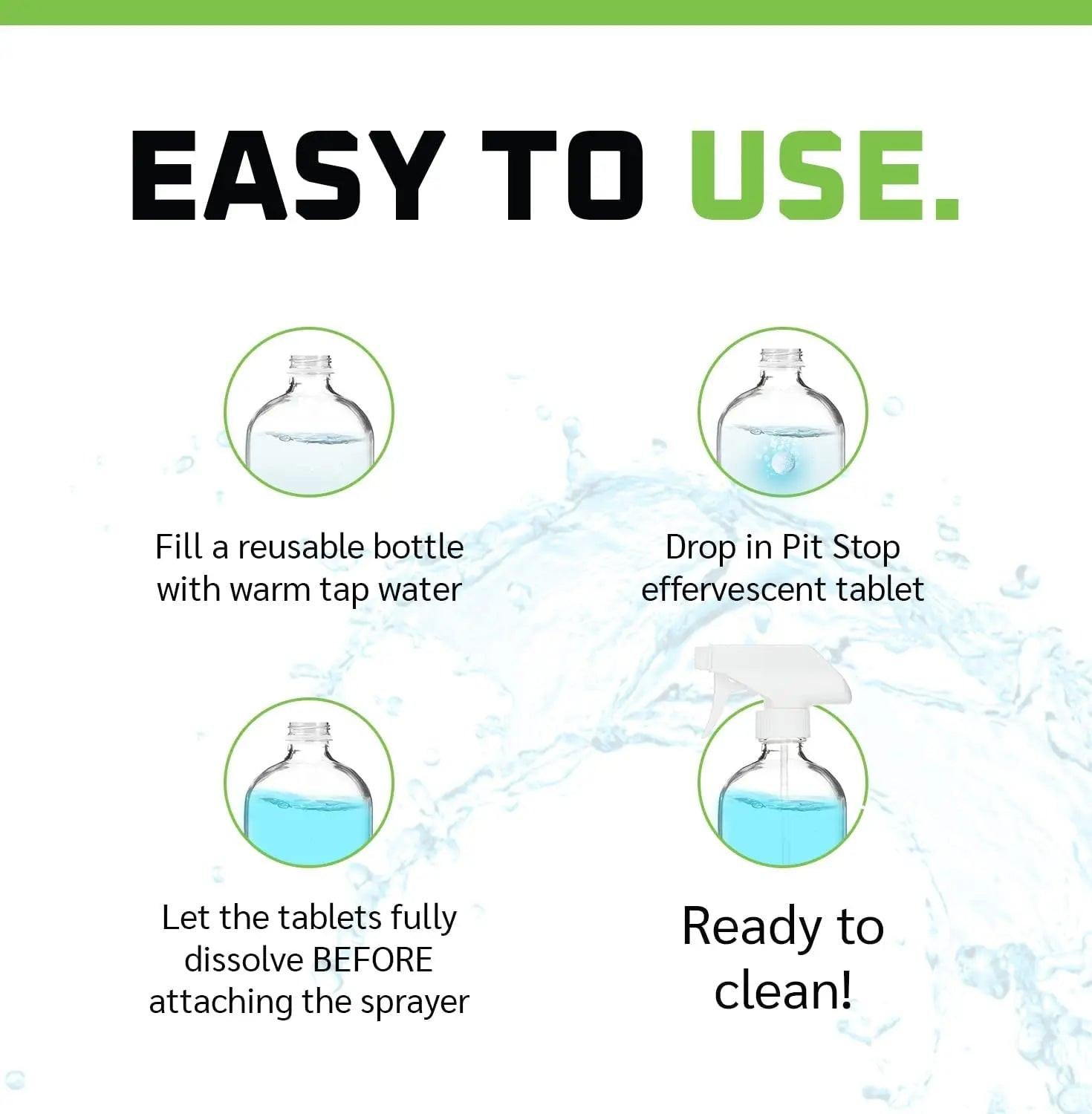 WASH & WHIPS Pit Stop Glass Cleaner and All Surface Cleaner refill tablets in packaging, designed to make 5 gallons of cleaning solution.