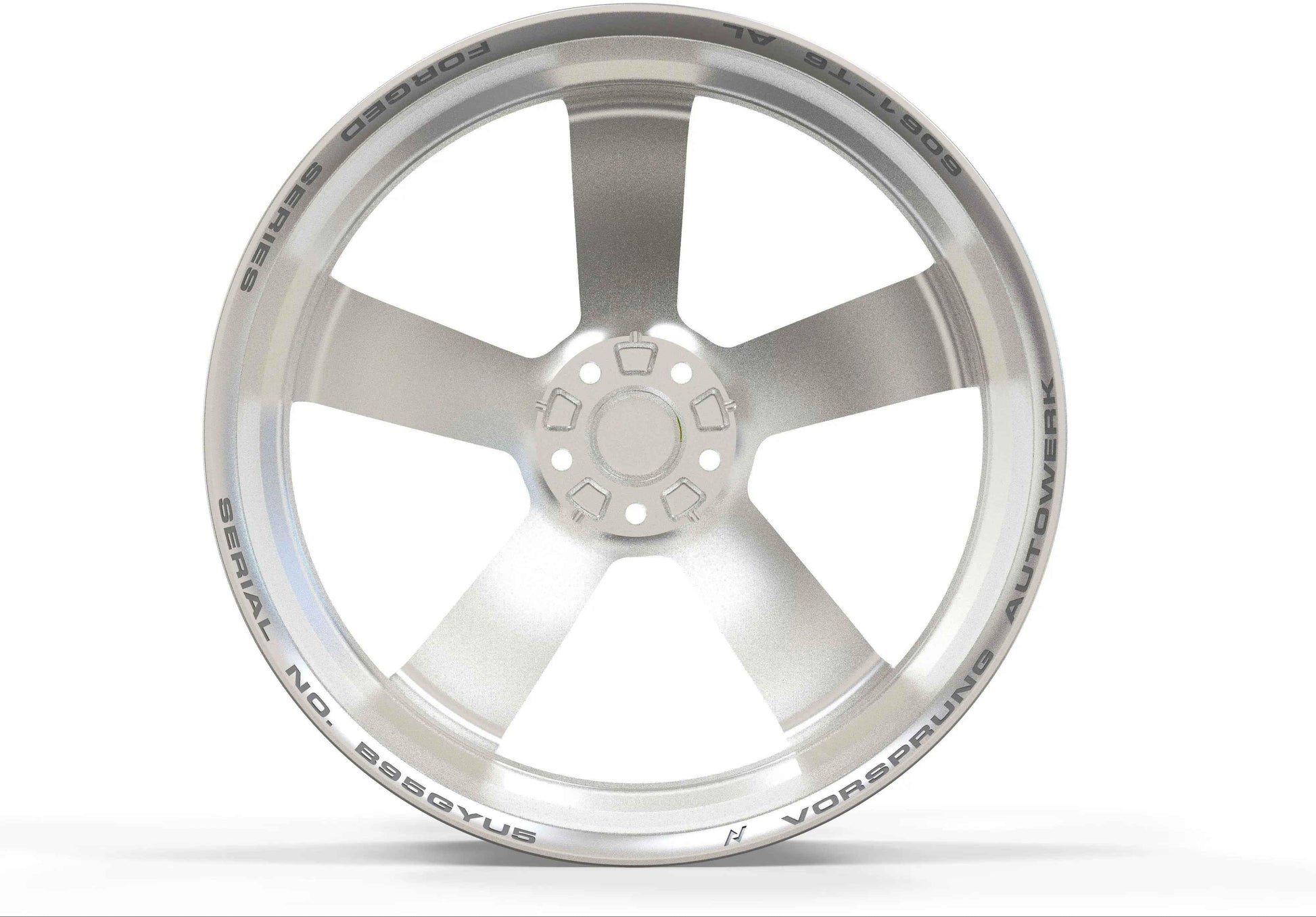 Forged silver alloy wheel with five spokes, engraved rim, high-performance Audi part