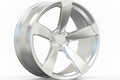 Silver alloy wheel with five spokes for Audi performance cars on white background