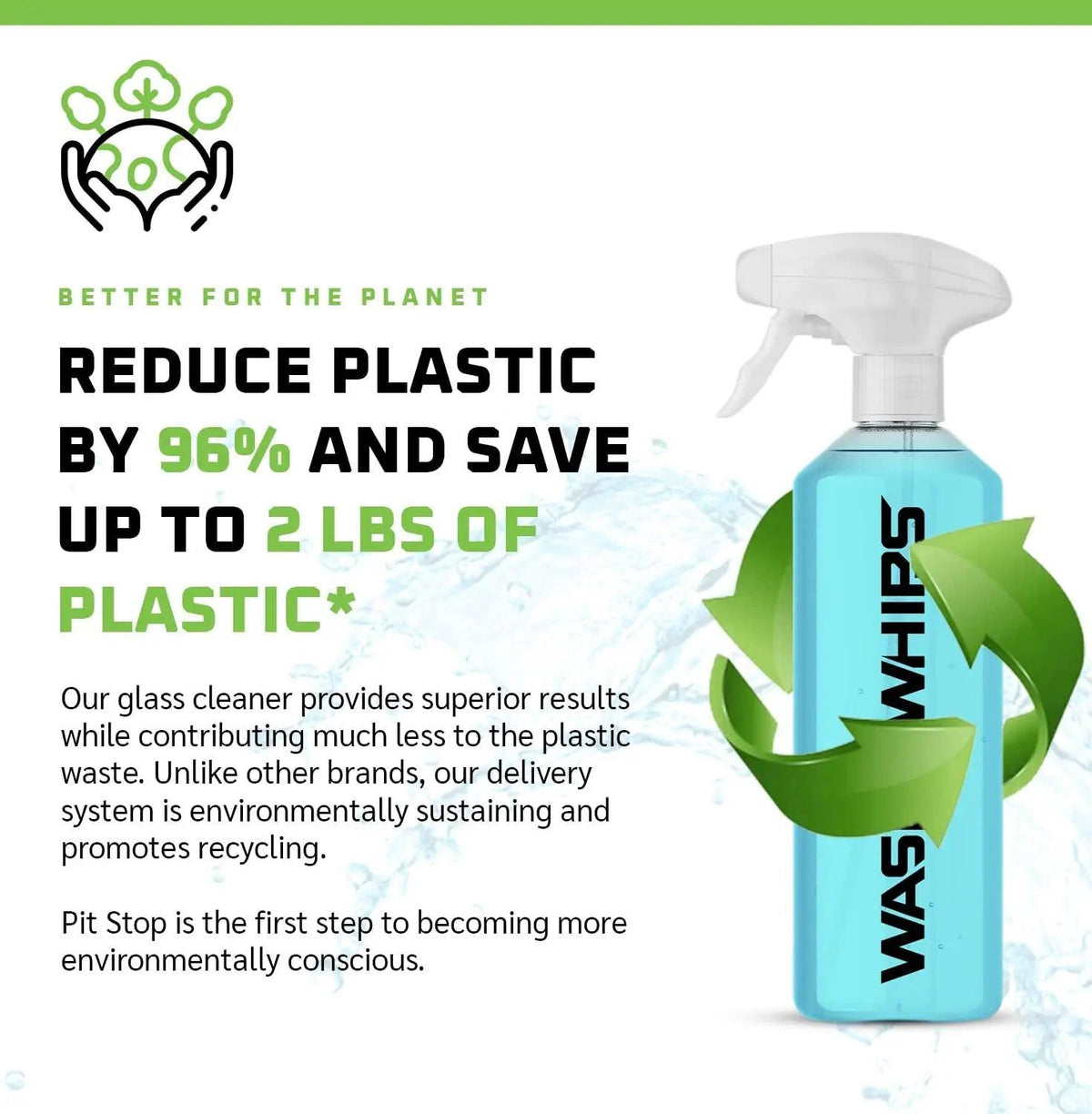 WASH&WHIPS Pit Stop Glass Cleaner refill tablets for all surfaces, shown in a container with tablets ready for cleaning use.