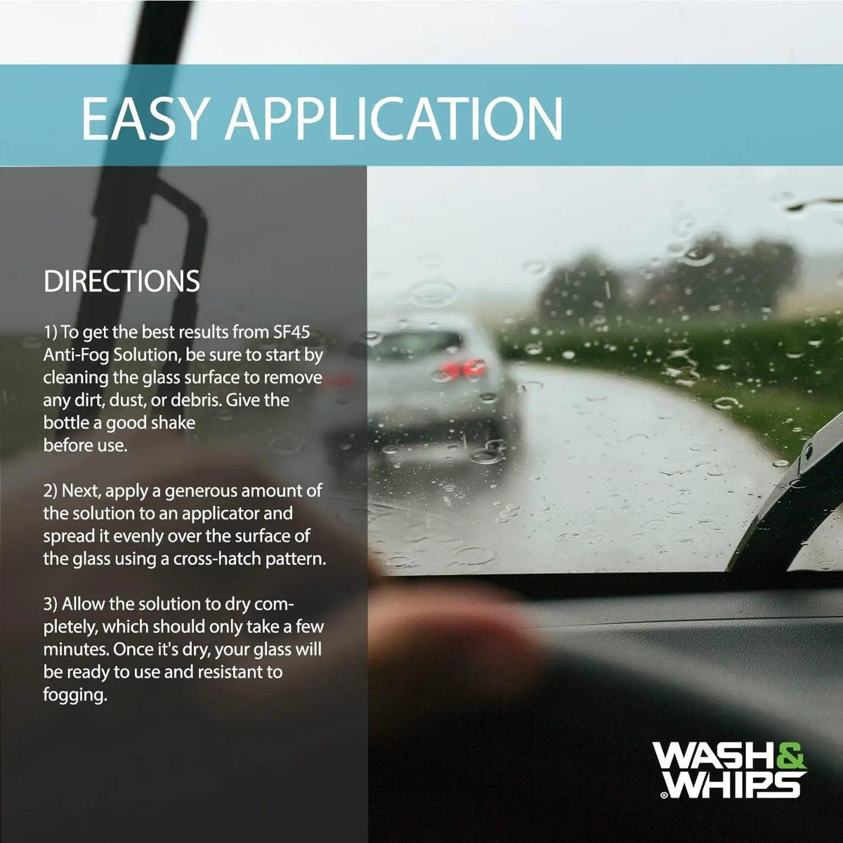 WASH&WHIPS SF45 Anti-Fog spray bottle for car windshields, featuring a clear spray nozzle and label with product details.
