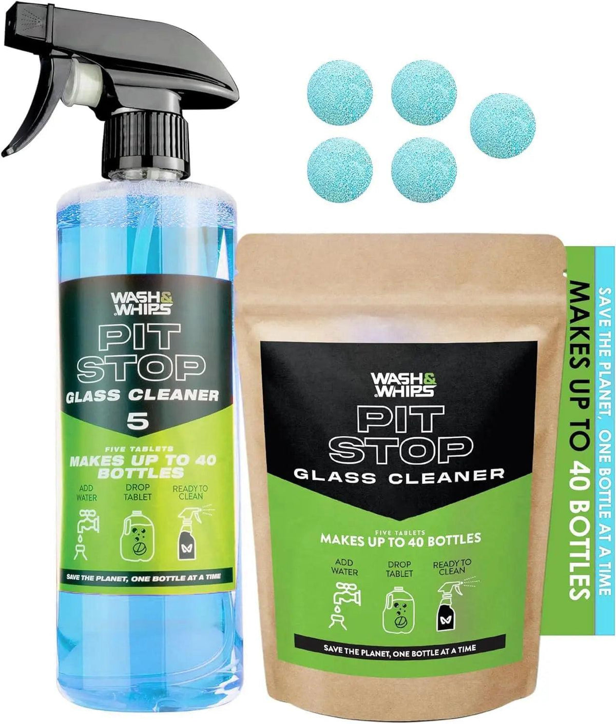 WASH & WHIPS Pit Stop Glass Cleaner and All Surface Cleaner refill tablets, compact packaging for making 5 gallons of cleaner.