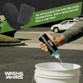 WASH & WHIPS car wash kit featuring 3-gallon bucket, microfiber towel, chenille mitt, car shampoo, and particle interceptor trap