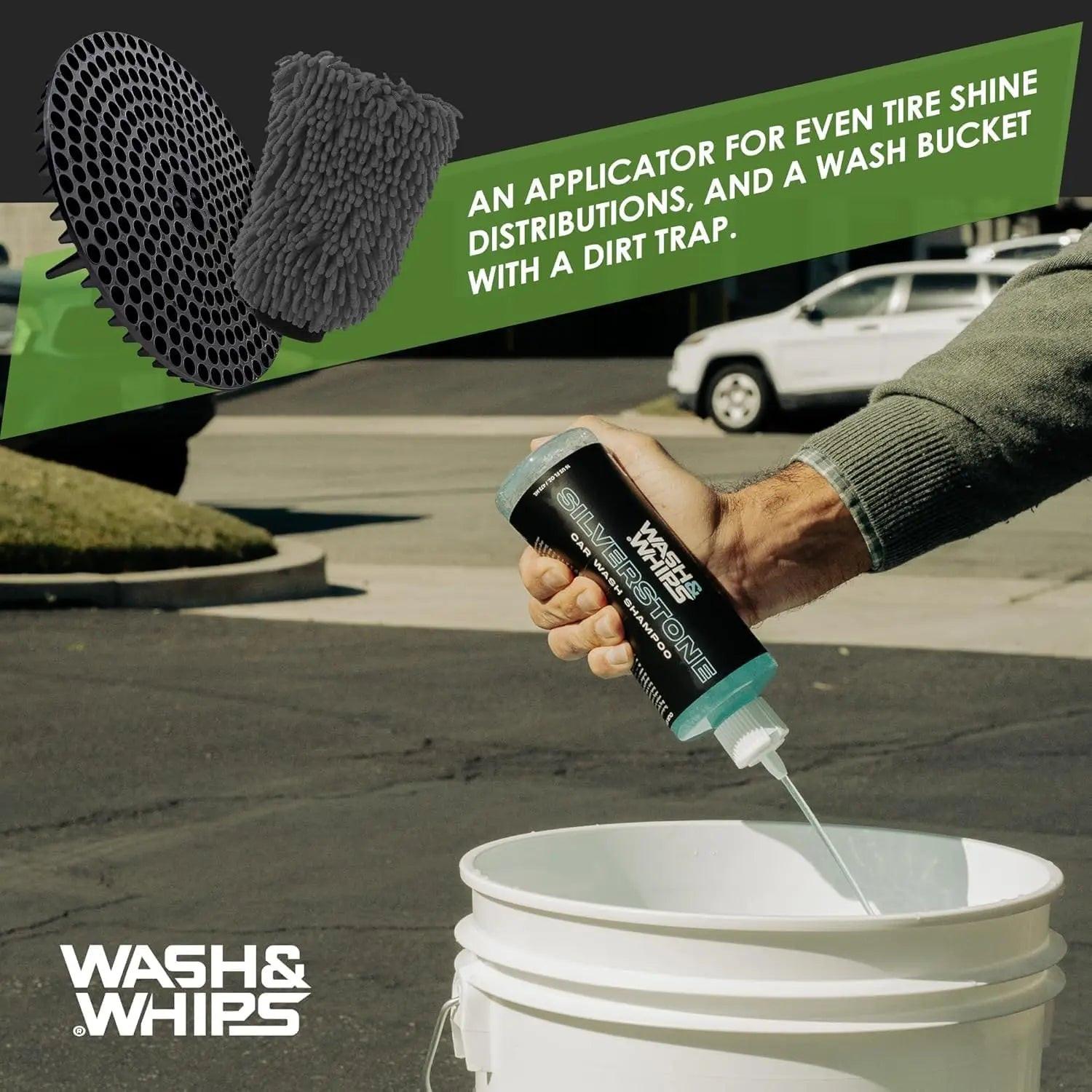 WASH & WHIPS car wash kit featuring 3-gallon bucket, microfiber towel, chenille mitt, car shampoo, and particle interceptor trap