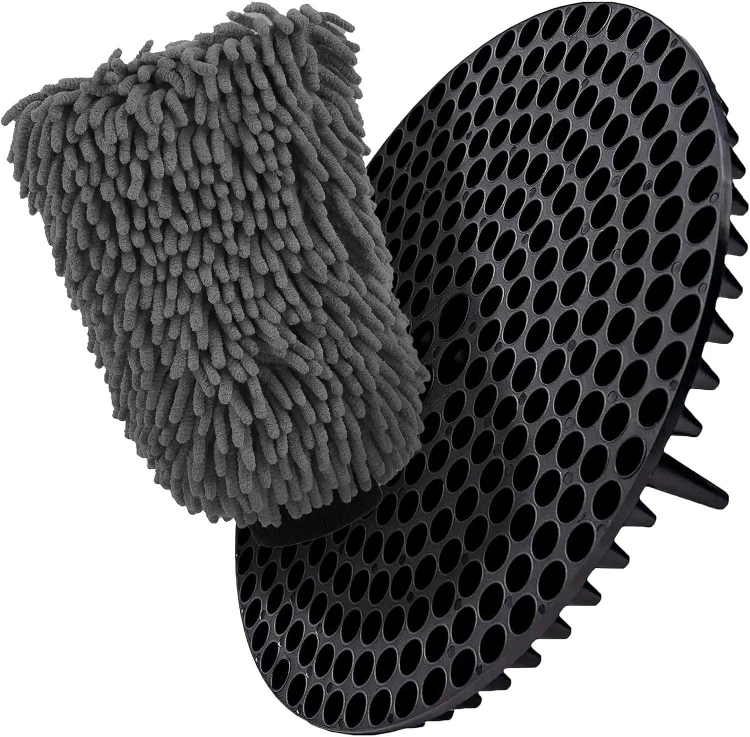 WASH & WHIPS microfiber wash mitt and black pitstop particle interceptor in a car wash bucket, blue and black, 8x10 inches