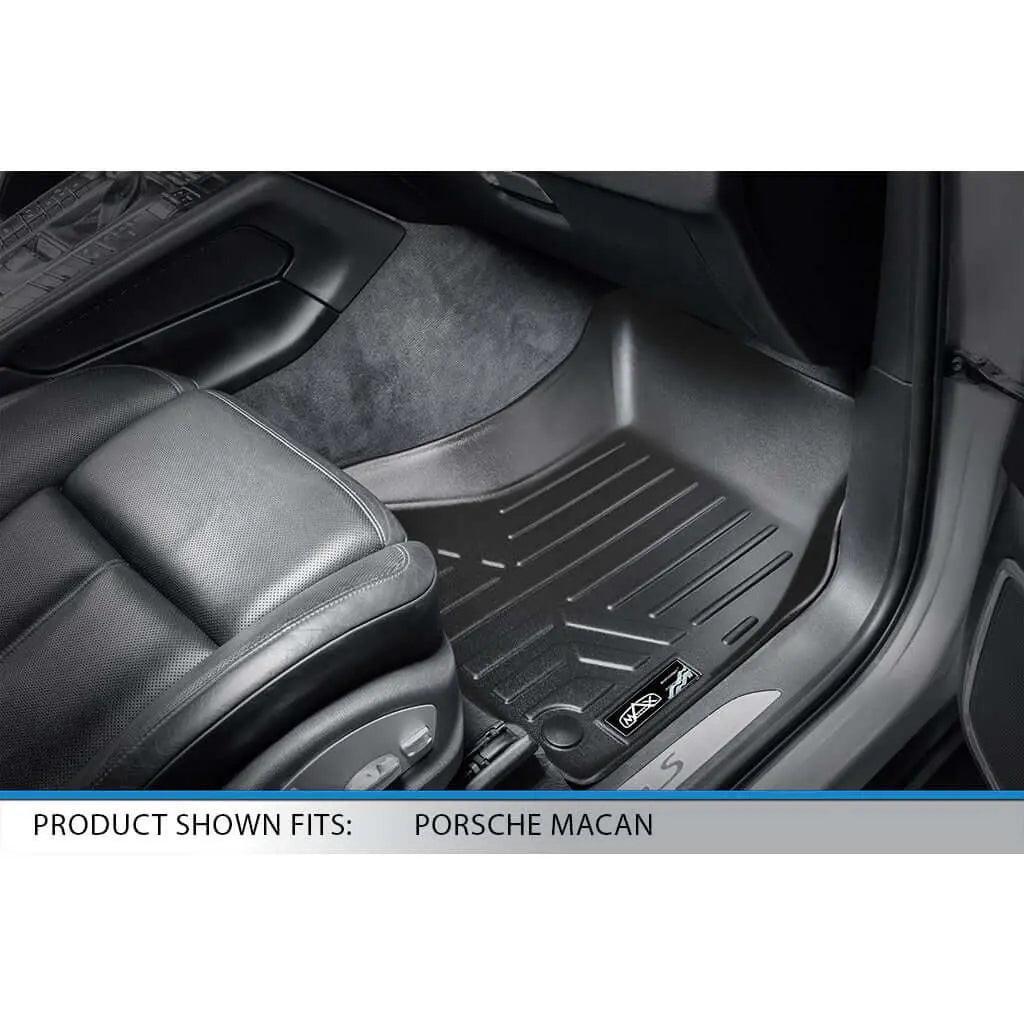 Custom-fit black floor mat installed in Porsche Macan front interior for maximum protection.