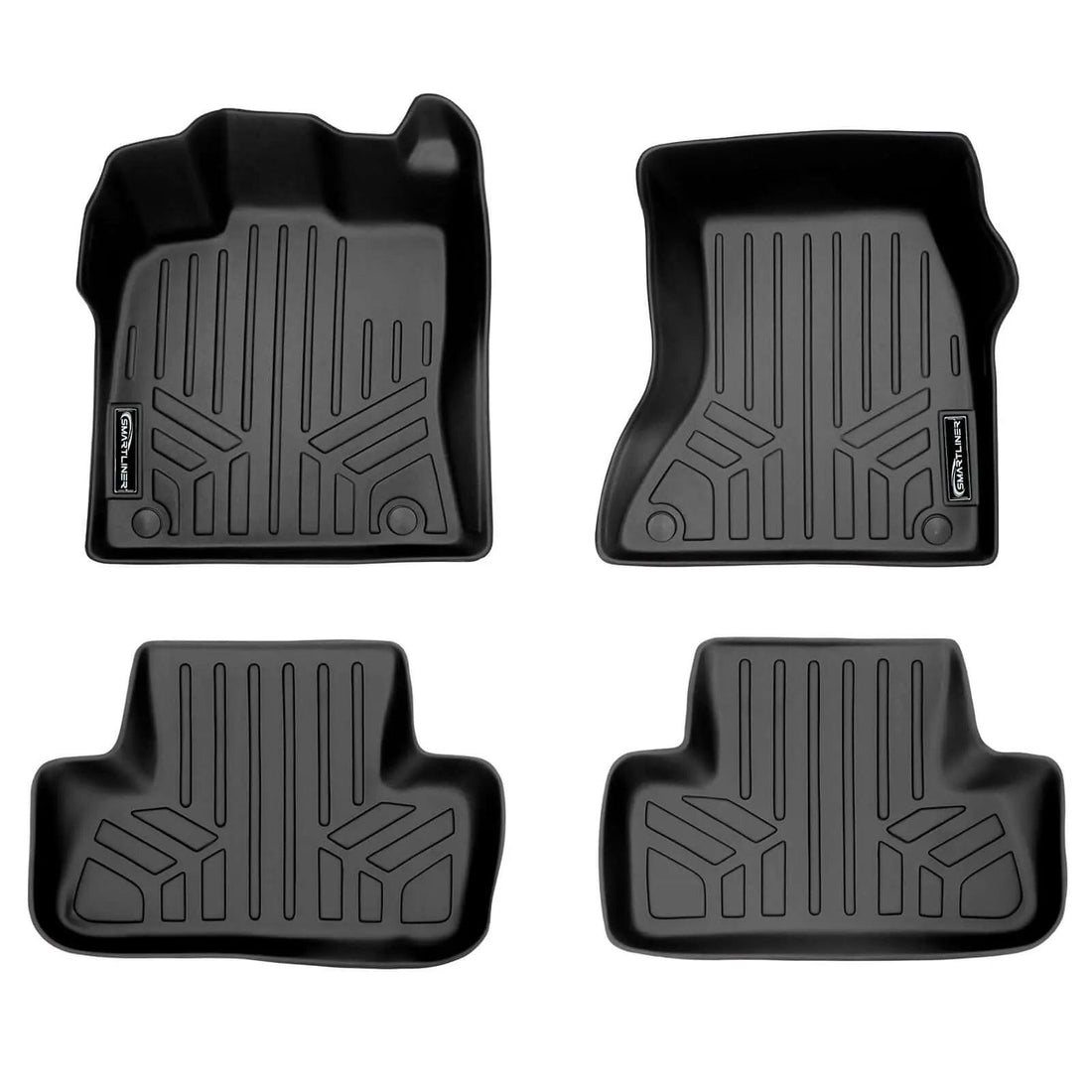 Set of four black custom-fit Audi floor mats with raised edges and grooved texture.