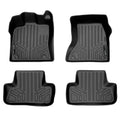 Set of four black custom-fit Audi floor mats with raised edges and grooved texture.
