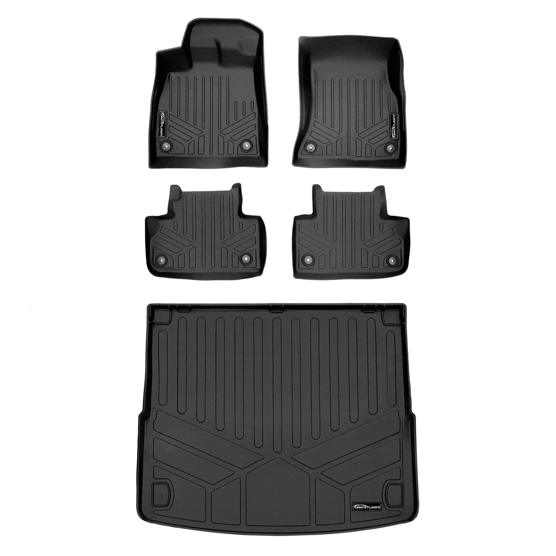 Set of black custom-fit Audi floor mats and trunk liner on white background