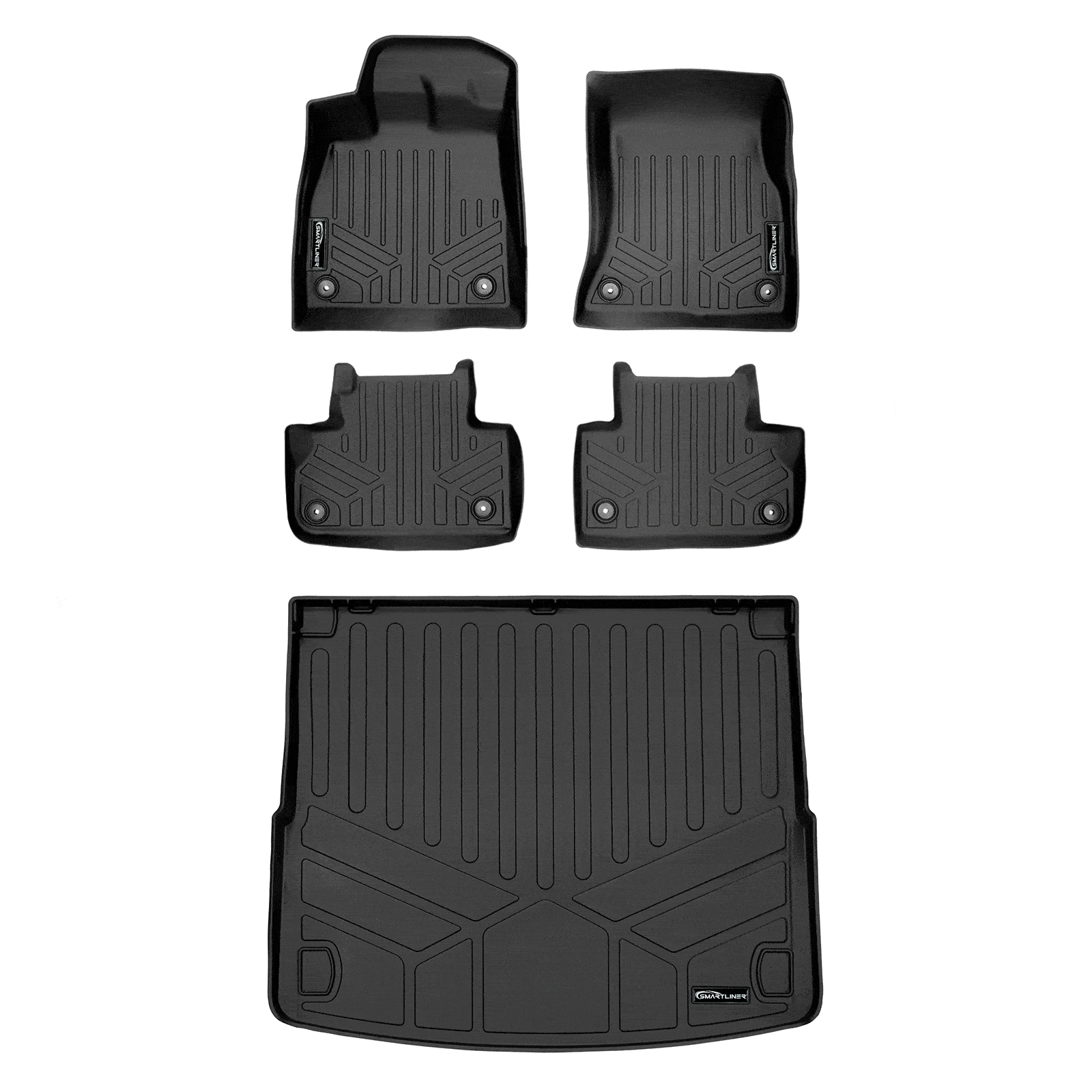 Set of black custom-fit Audi floor mats and trunk liner on white background