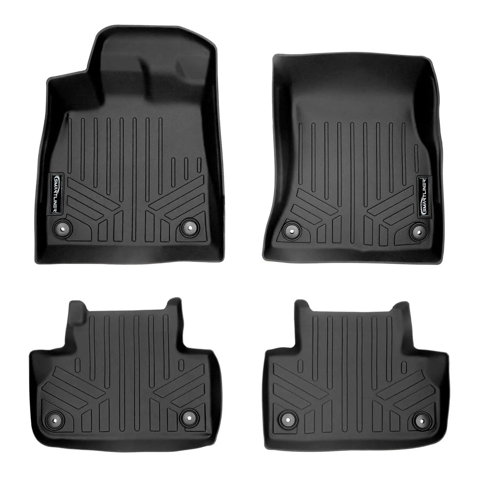Set of four black custom-fit all-weather Audi floor mats with raised edges and textured surface.
