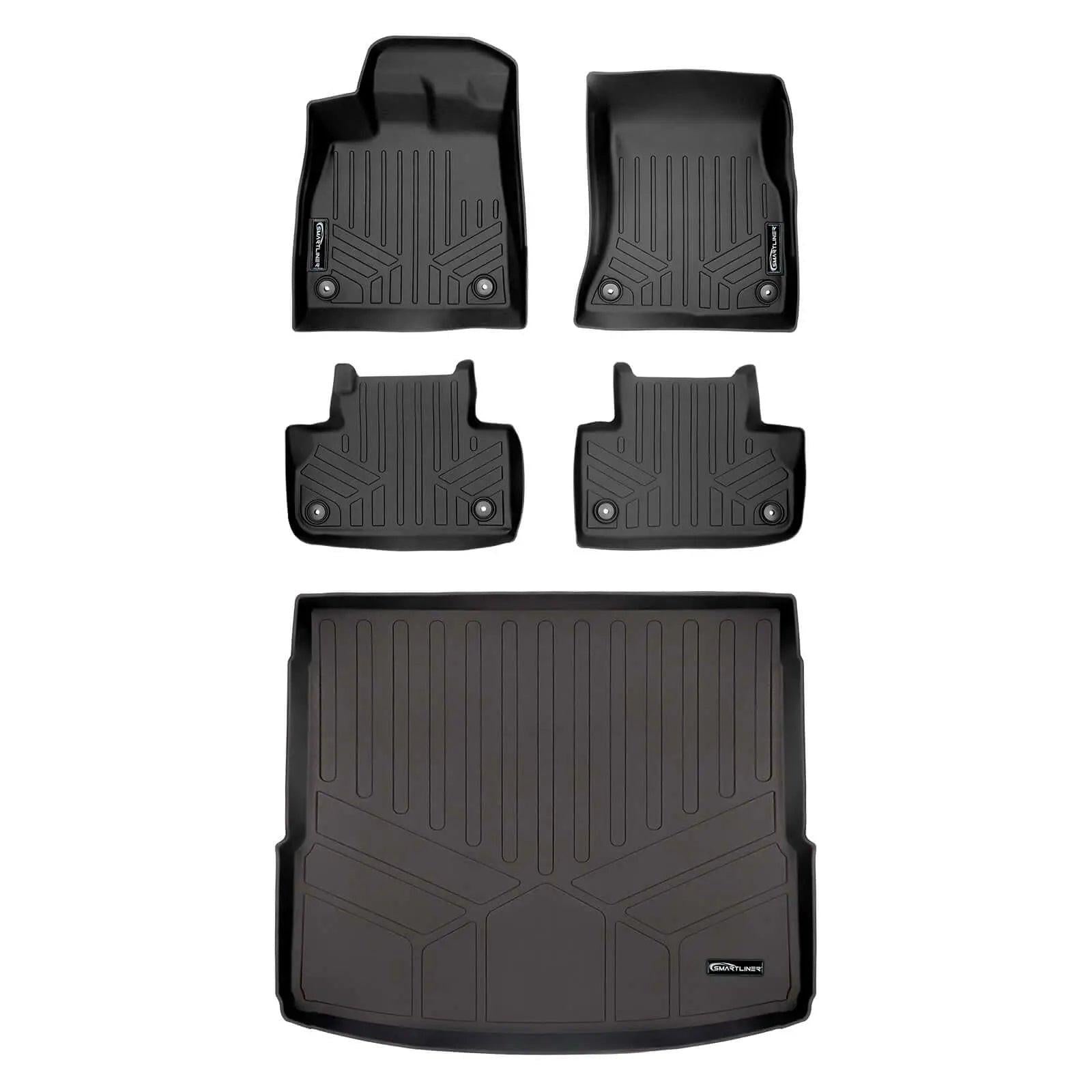 Set of black all-weather car floor mats and trunk liner with raised edges, custom-fit for Audi.