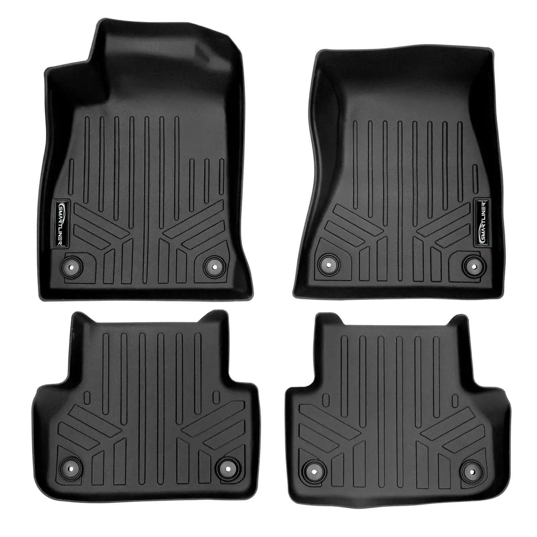 Set of four black custom-fit Audi floor mats with raised edges and textured grooves