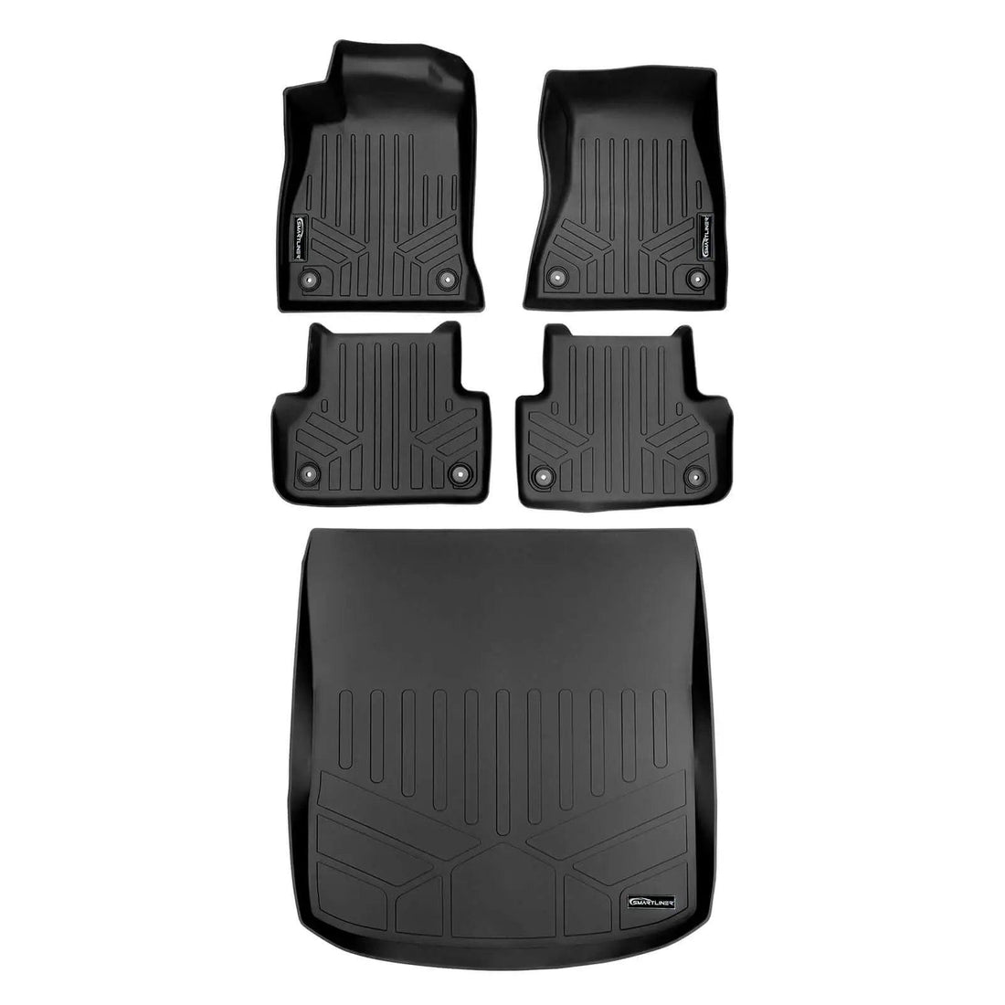 Set of black custom-fit Audi all-weather floor mats and cargo liner on white background