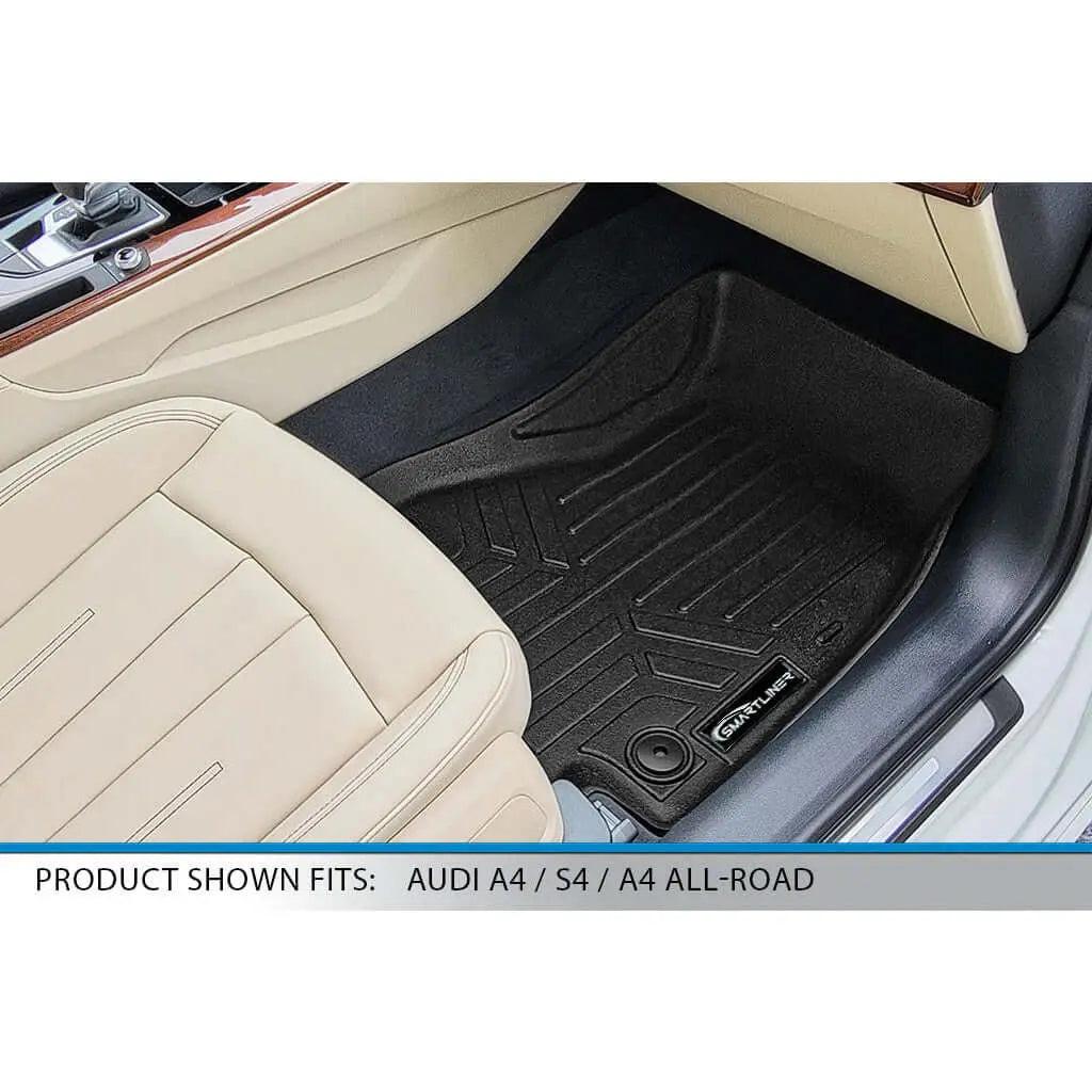 Black all-weather floor mat installed in beige Audi A4 front passenger footwell.