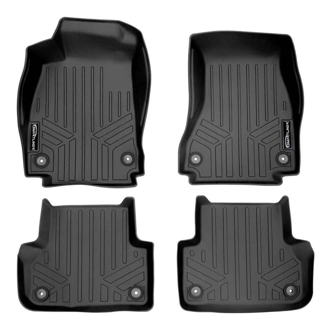 Set of four black custom-fit Audi all-weather floor mats with raised edges