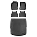Set of black custom-fit Audi all-weather floor mats and cargo liner on white background