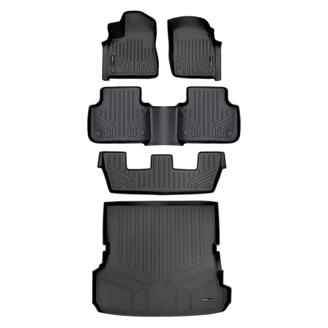 Full set of custom-fit black Audi floor mats and cargo liner with raised edges
