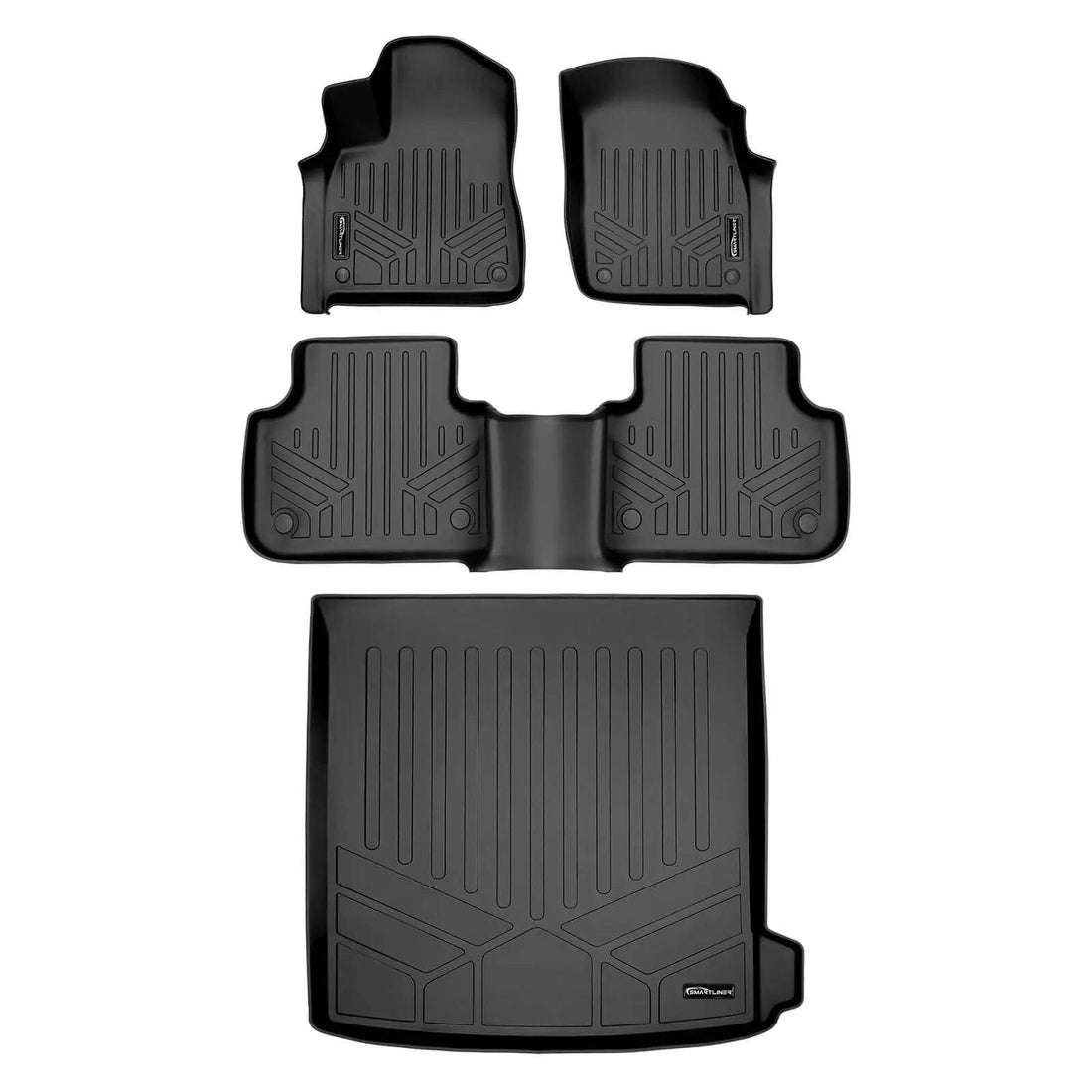 All-weather black Audi floor mats and cargo liner set with raised edges and geometric grooves