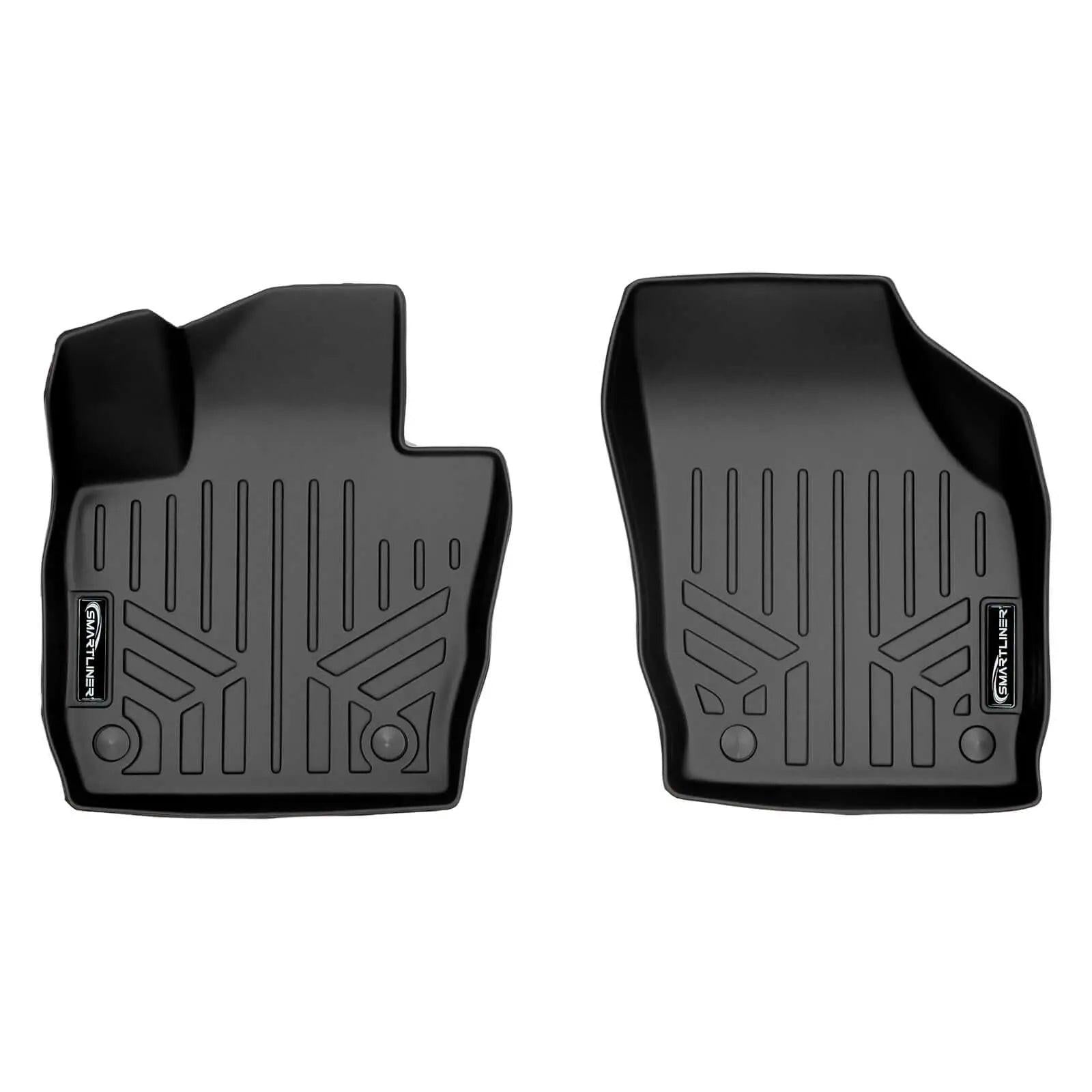 Black all-weather Audi floor mats set for driver and passenger side, durable and custom-fit.