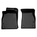 Black custom-fit rubber car floor mats with raised edges and grooved texture, front pair