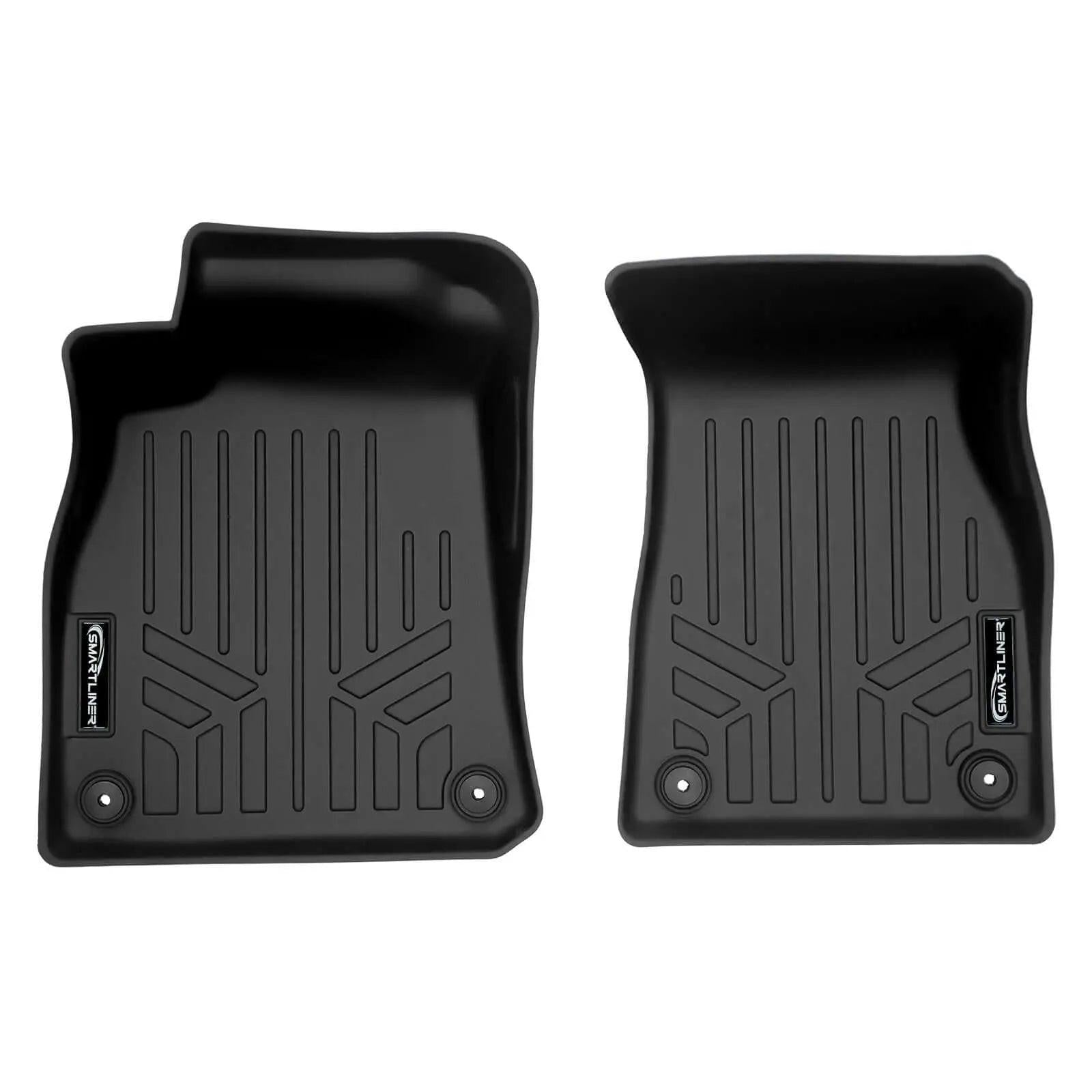 Black custom-fit rubber car floor mats with raised edges and grooved texture, front pair
