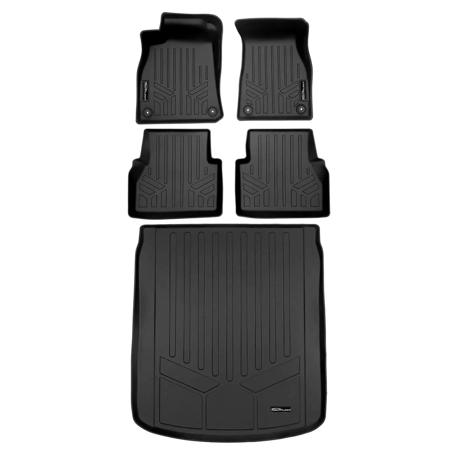 Set of black custom-fit Audi floor mats and cargo liner, all-weather rubber design