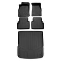 Set of black all-weather rubber car floor mats and trunk liner, top view