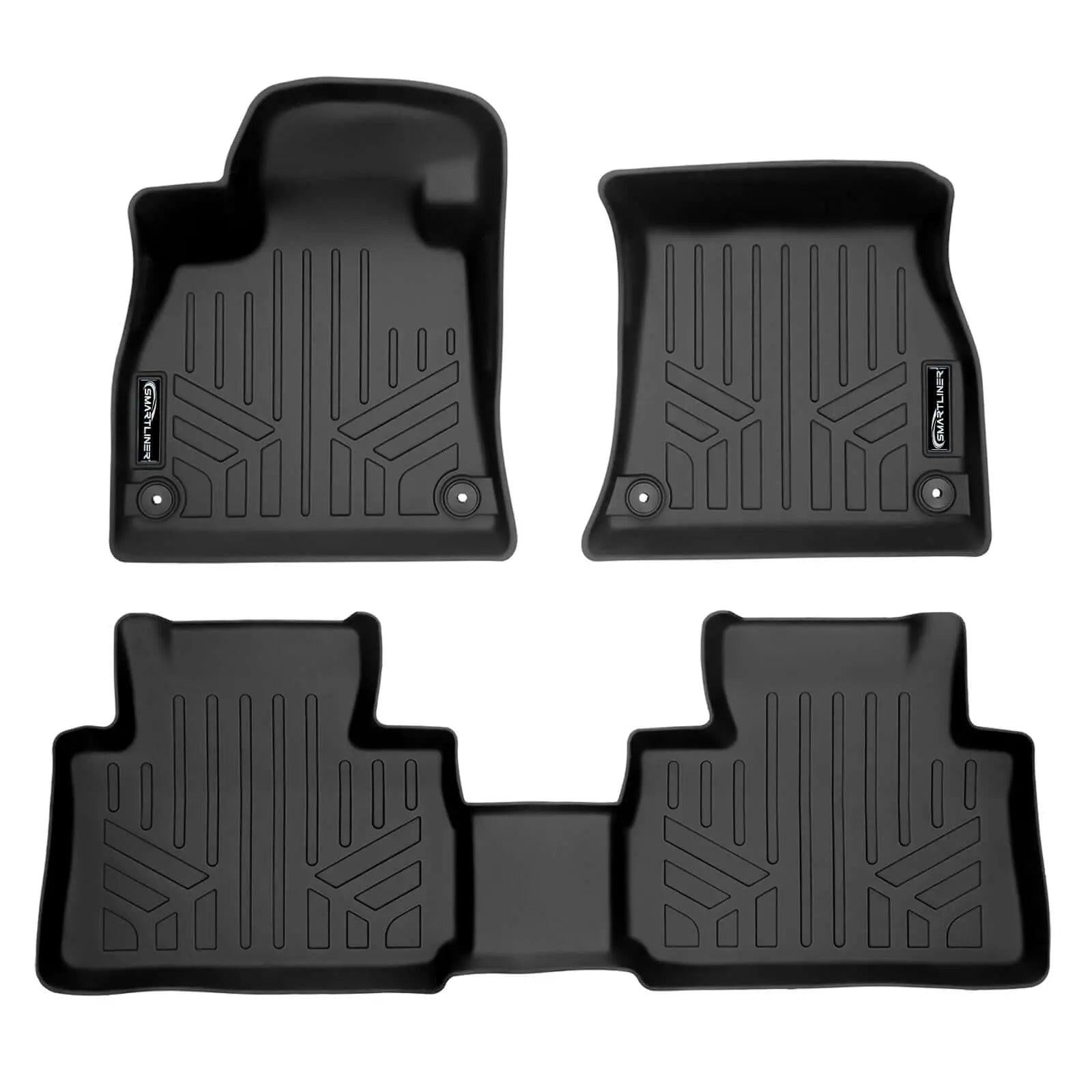 Black custom-fit Audi floor mats set, all-weather rubber car liners, top view