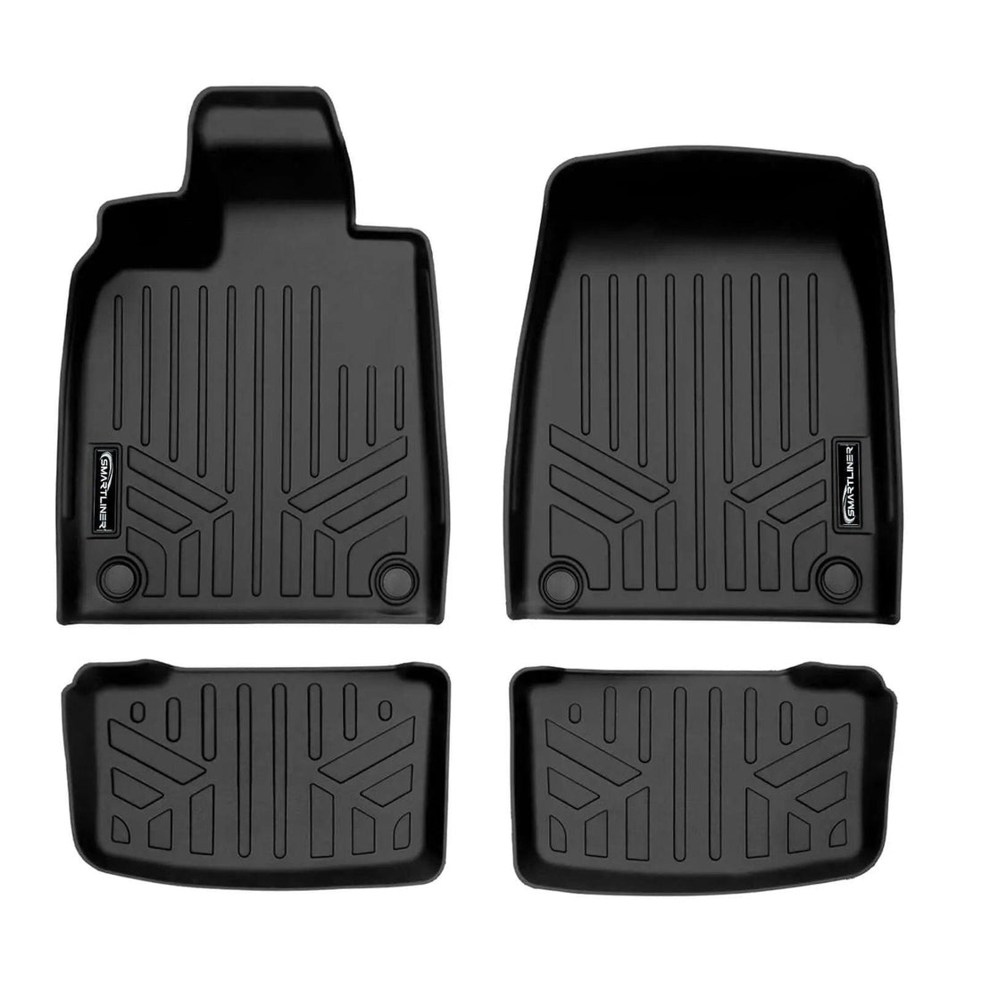 Set of four black custom-fit Audi all-weather floor mats with raised edges and textured pattern