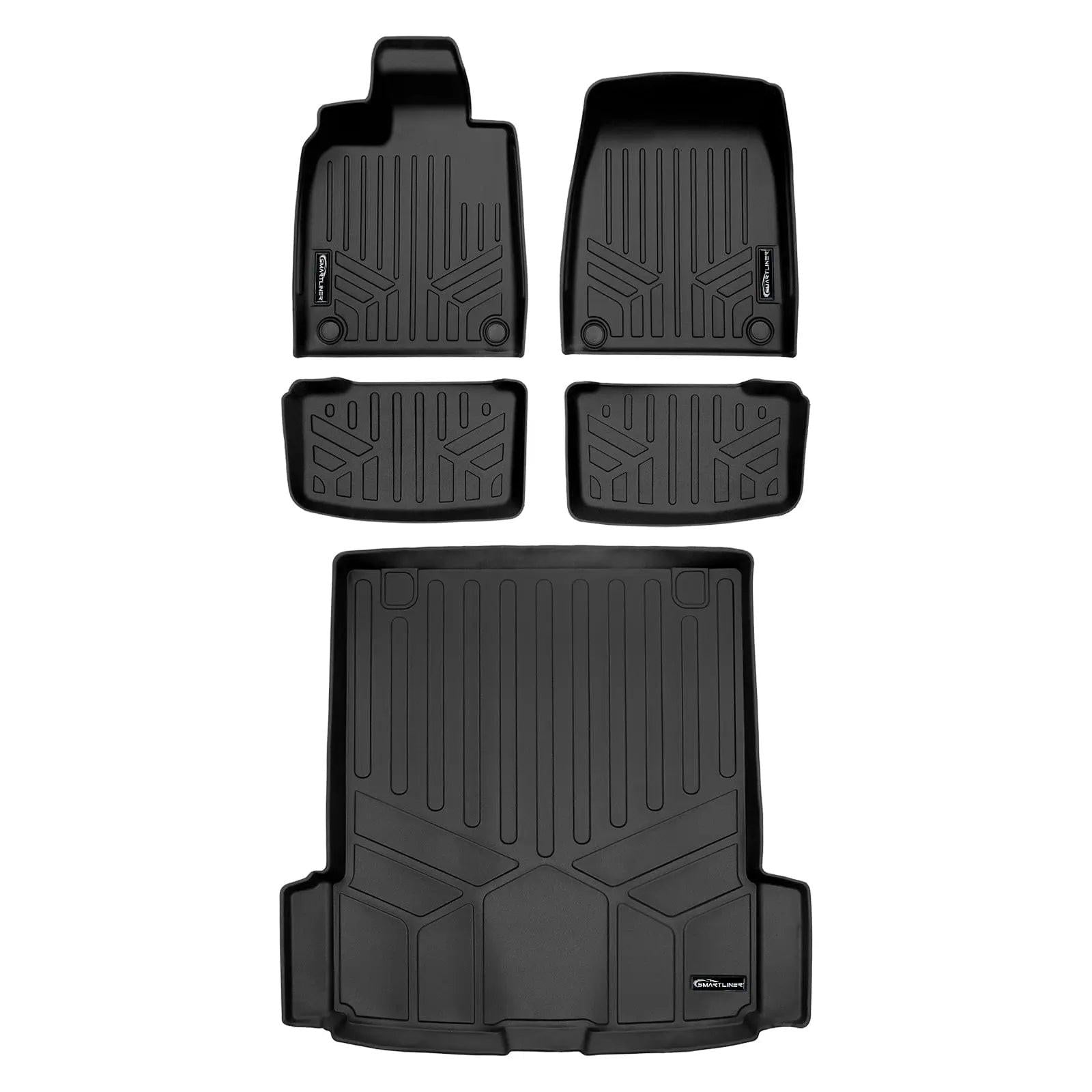 Full set of custom-fit black rubber Audi floor mats and cargo liner on white background