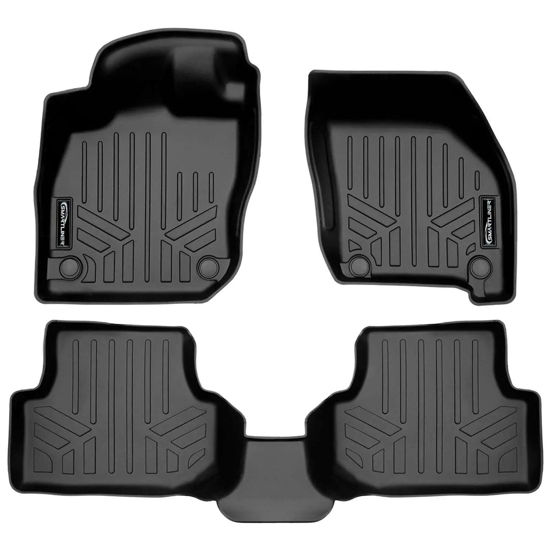 Set of custom-fit black rubber floor mats with raised edges and textured grooves for Audi