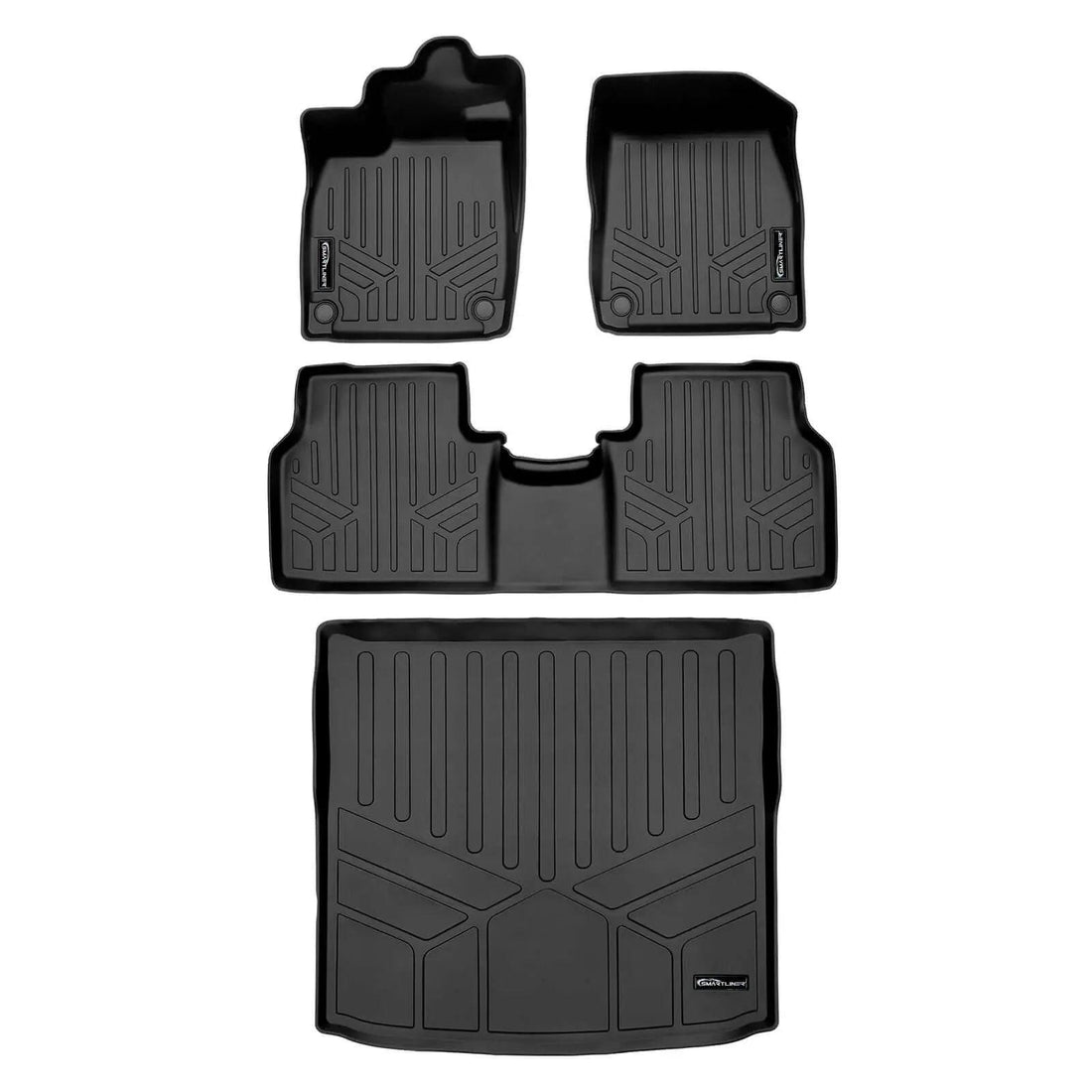 Set of black custom-fit Audi floor mats and cargo liner with textured grooves
