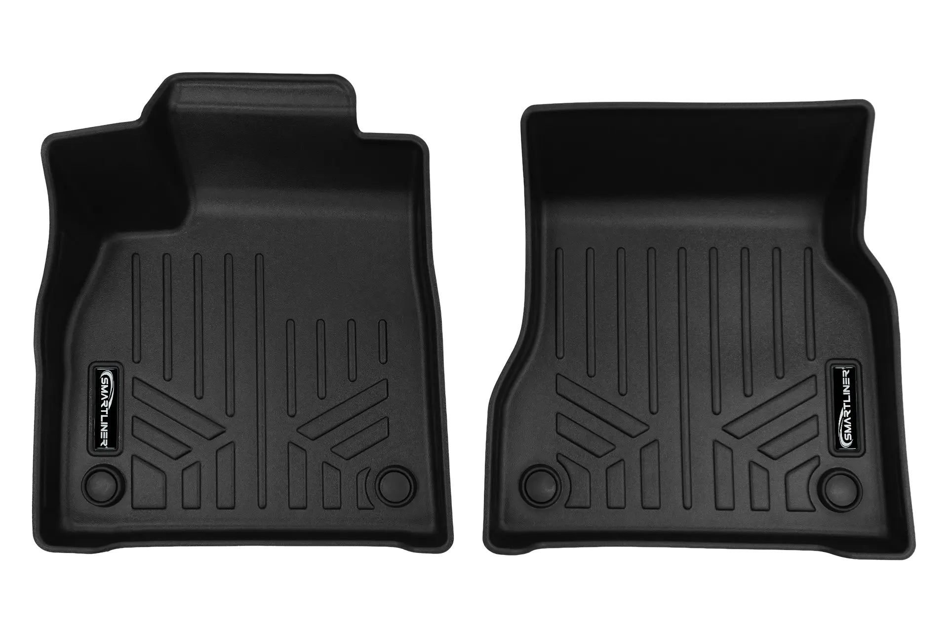 Pair of black custom-fit front car floor mats with raised edges and textured pattern