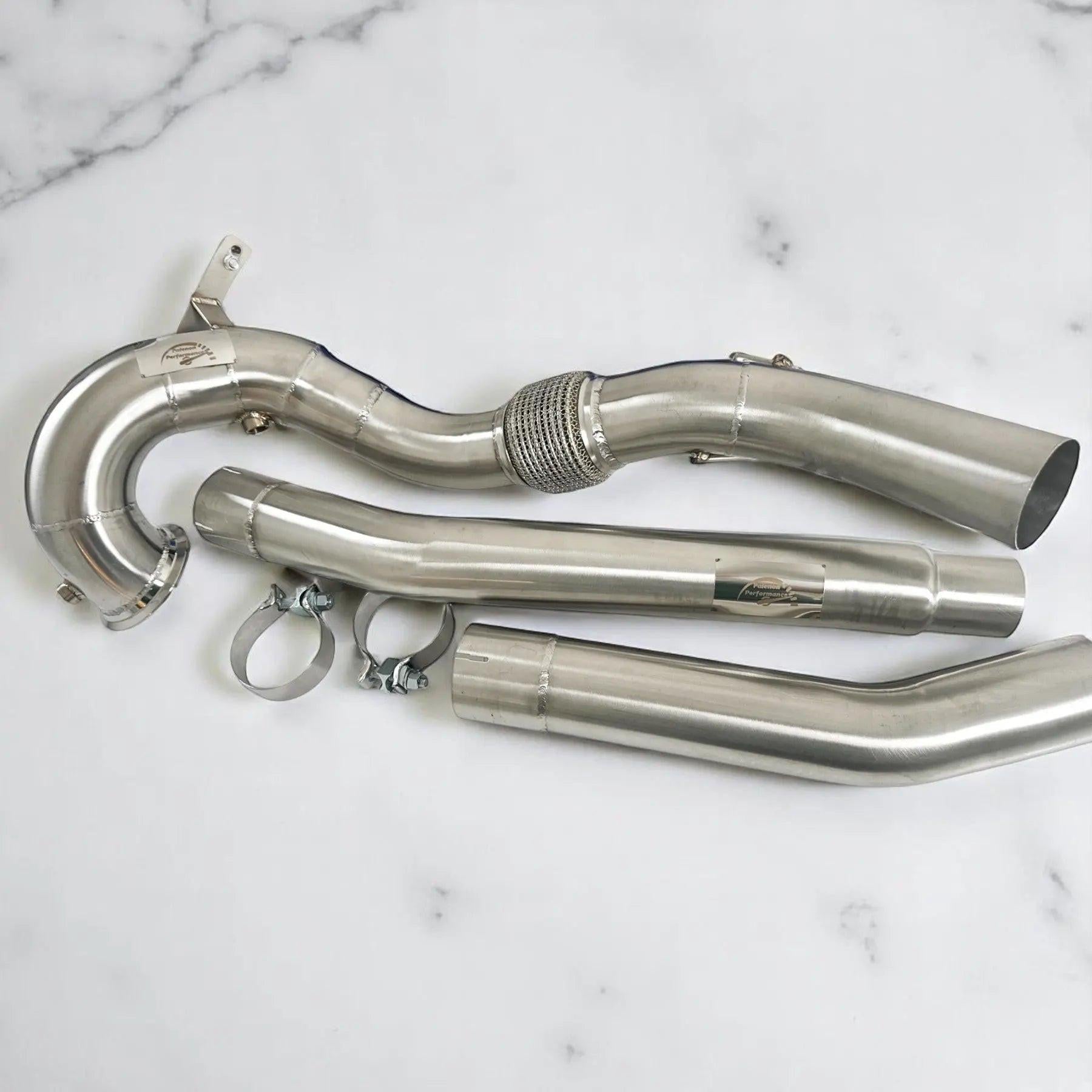 Stainless steel Audi S3 and VW Golf R race downpipe kit with clamps on white background